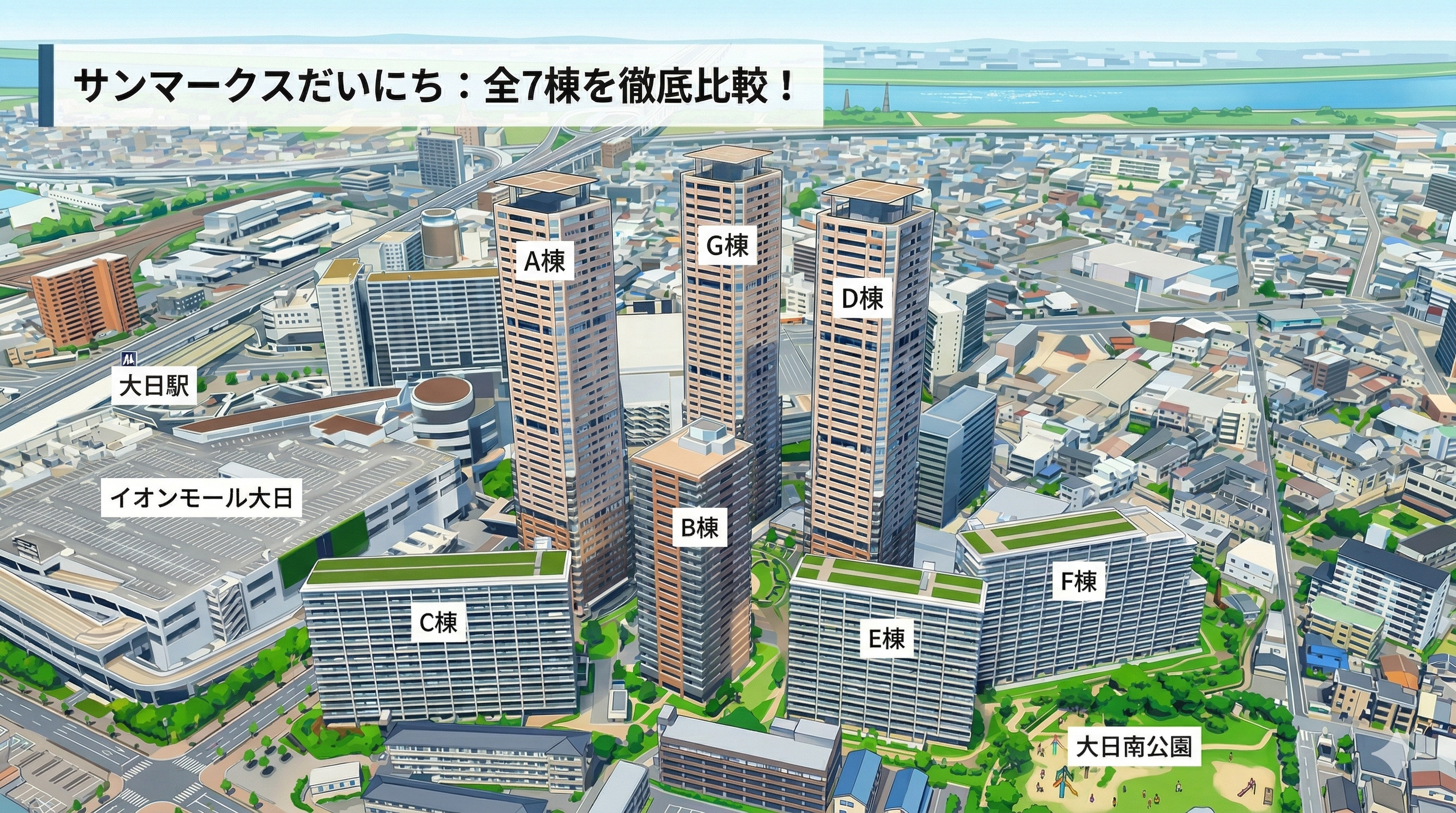 サンマークスだいにち。構造、設備、駅距離。全7棟を比較。の画像