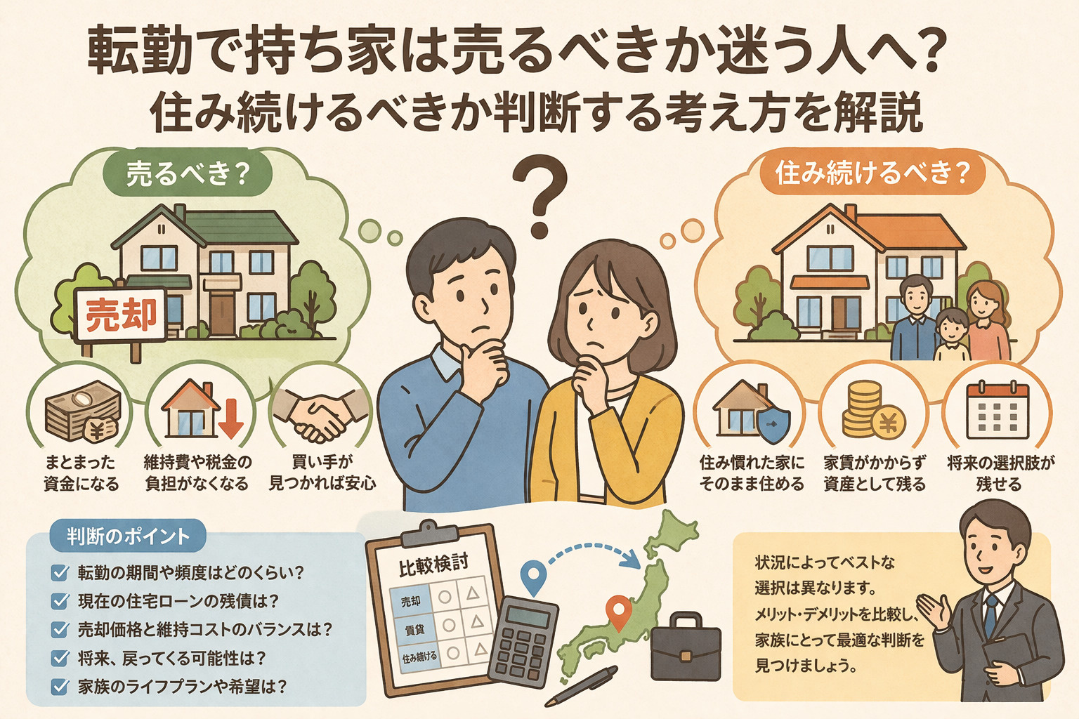 転勤で持ち家は売るべきか迷う人へ？  住み続けるべきか判断す...の画像