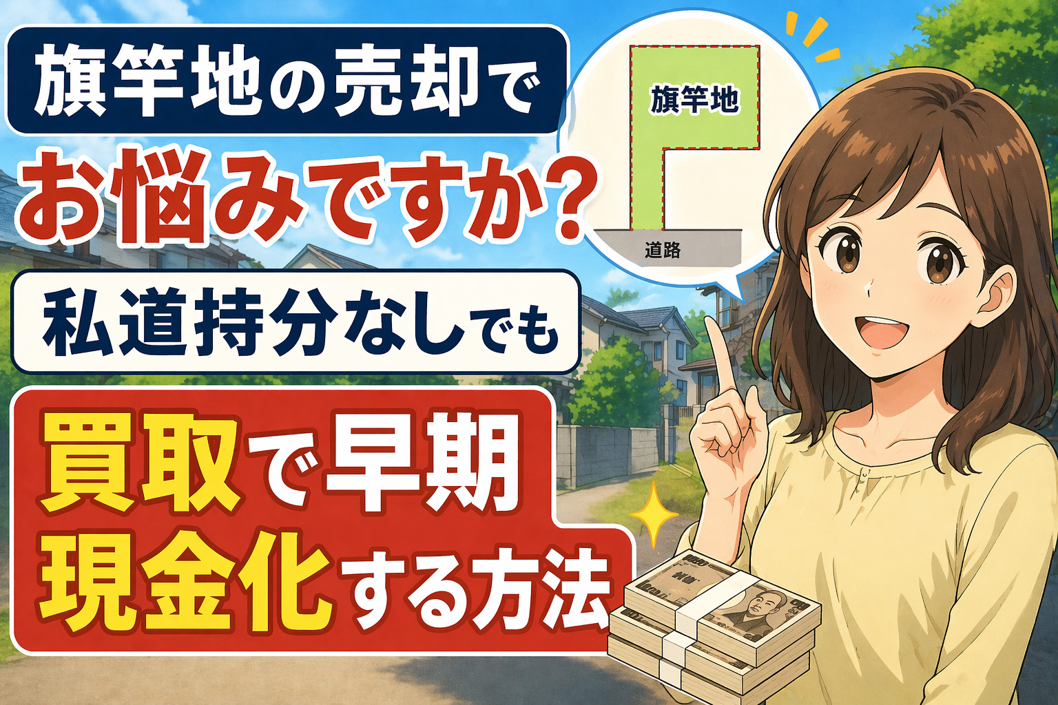 旗竿地の売却でお悩みですか？私道持分なしでも買取で早期現金化...の画像