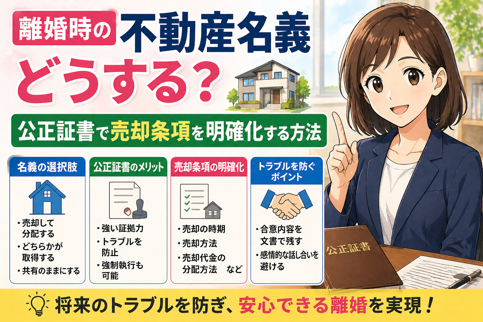 離婚時の不動産名義どうする？公正証書で売却条項を明確化する方...の画像