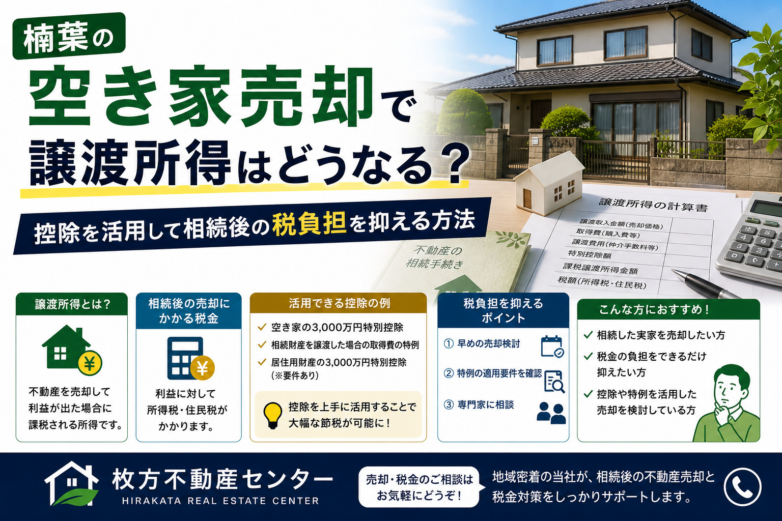 楠葉の空き家売却で譲渡所得はどうなる？控除を活用して相続後の...の画像