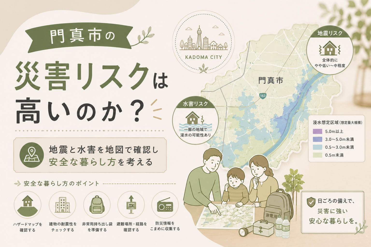 門真市の災害リスクは高いのか？地震と水害を地図で確認し安全な...の画像