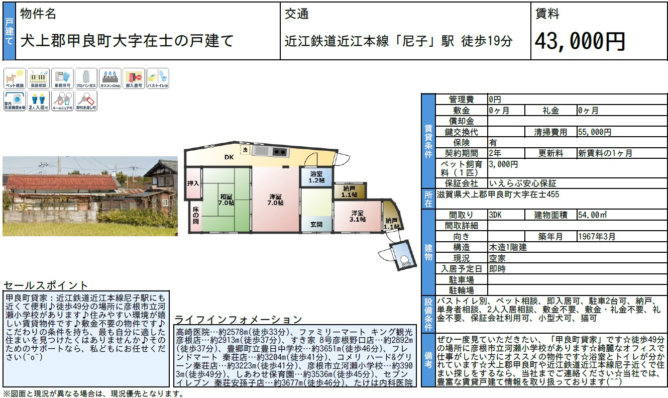 ペット飼育（小型犬・猫）OK物件　甲良町在士の一戸建て平屋の画像