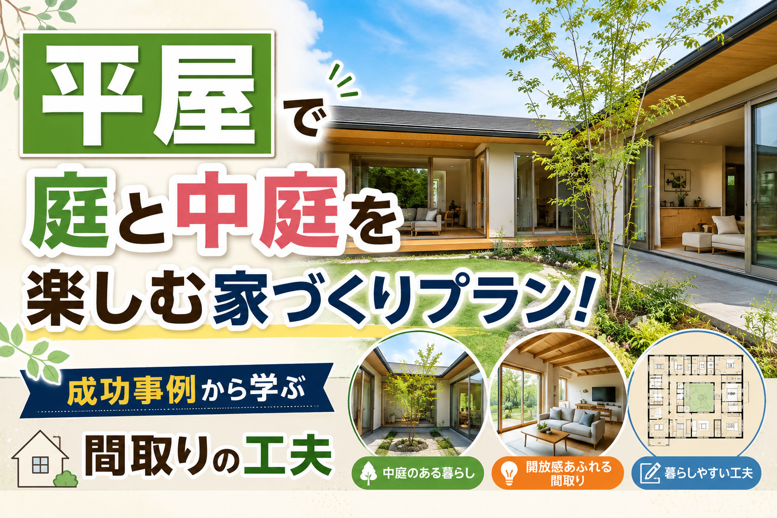 平屋で庭と中庭を楽しむ家づくりプラン！成功事例から学ぶ間取り...の画像