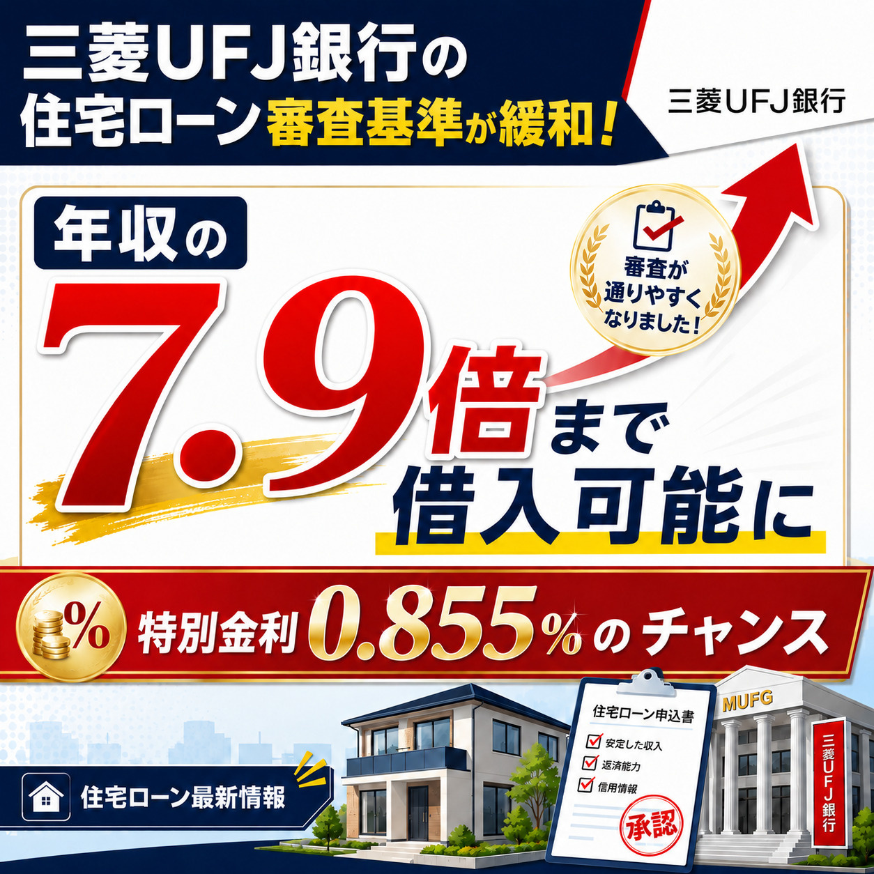 三菱UFJ銀行の住宅ローン審査基準が緩和！年収の7.9倍まで...の画像
