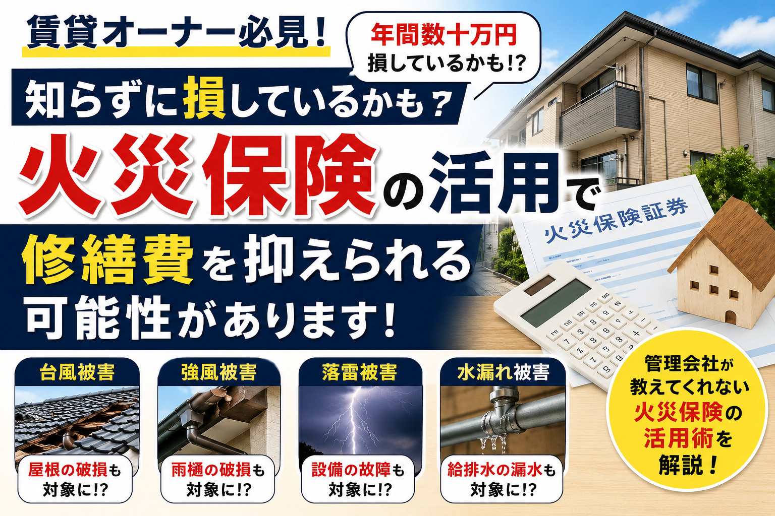知らずに損していませんか？火災保険の活用で修繕費を抑えられる...の画像