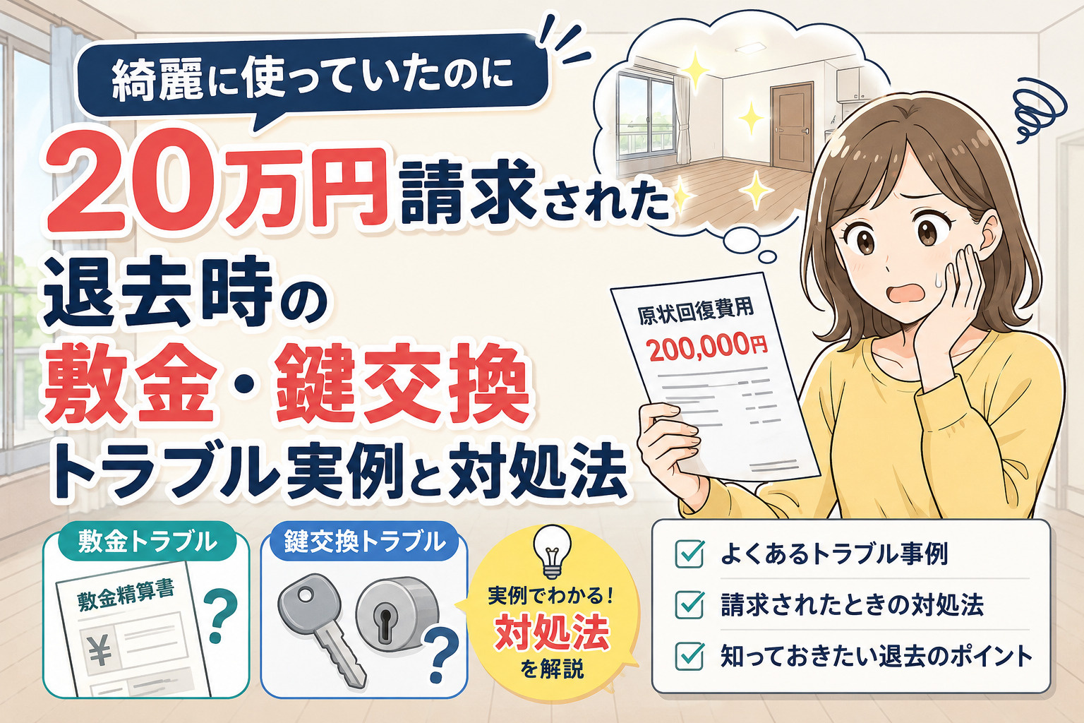 「綺麗に使っていたのに20万円請求された」退去時の敷金・鍵交...の画像