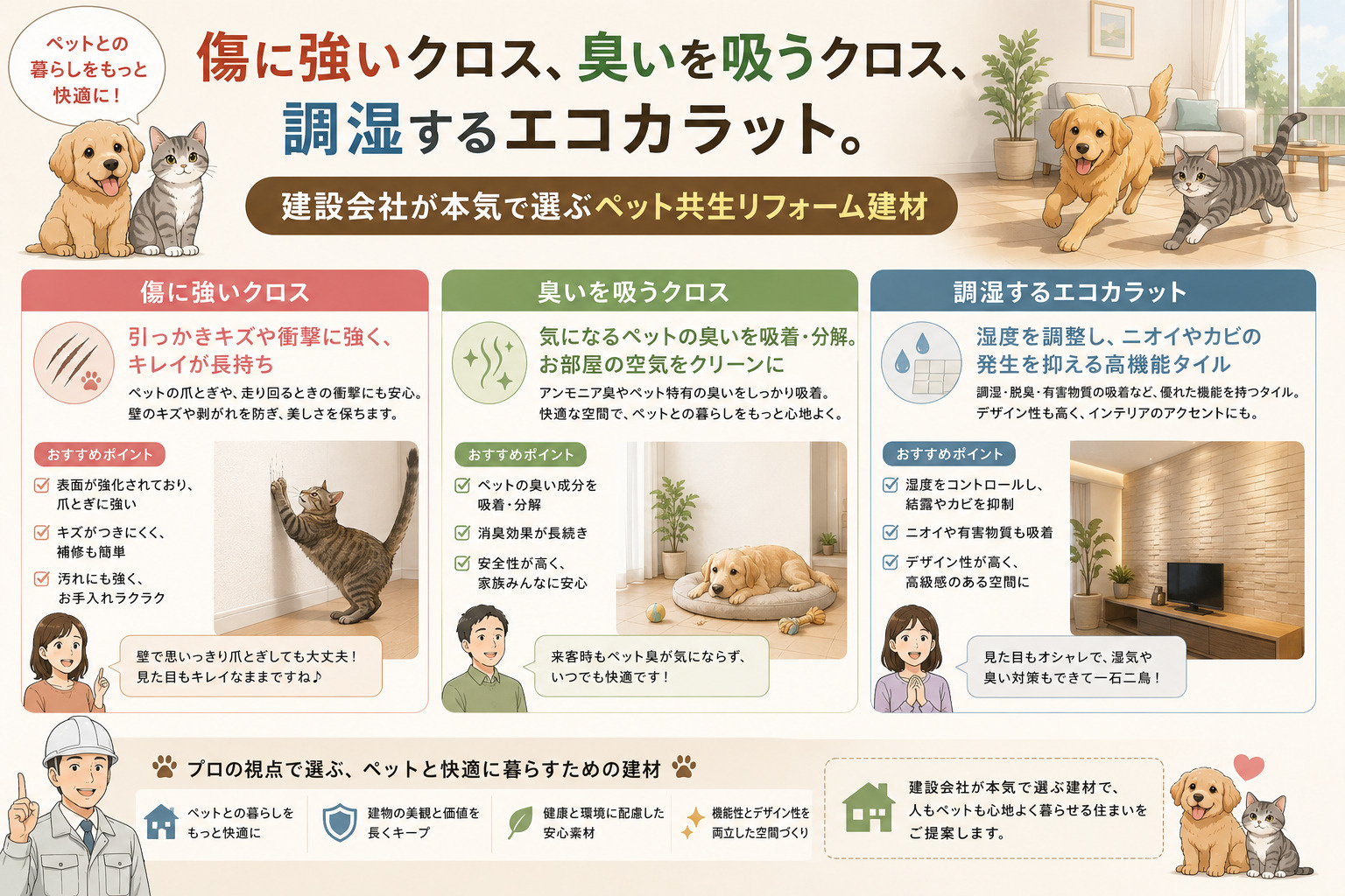 傷に強いクロス、臭いを吸うクロス、調湿するエコカラット。建設...の画像