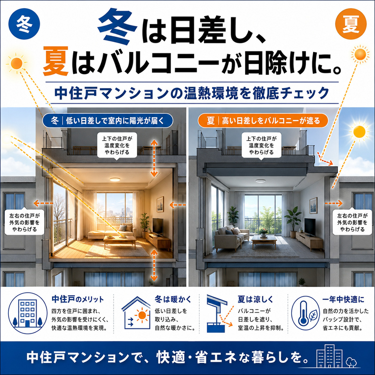 冬は日差し、夏はバルコニーが日除けに。中住戸マンションの温熱...の画像