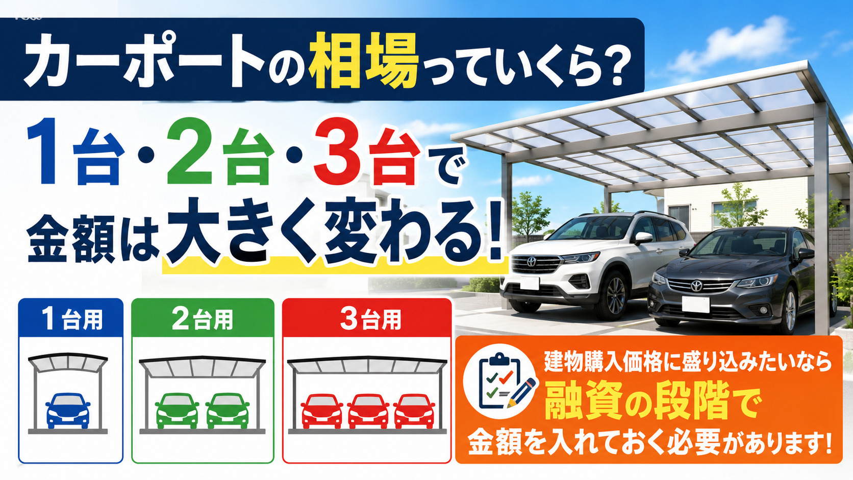 カーポートの相場っていくら？1台・2台・3台でこんなに違う！...の画像