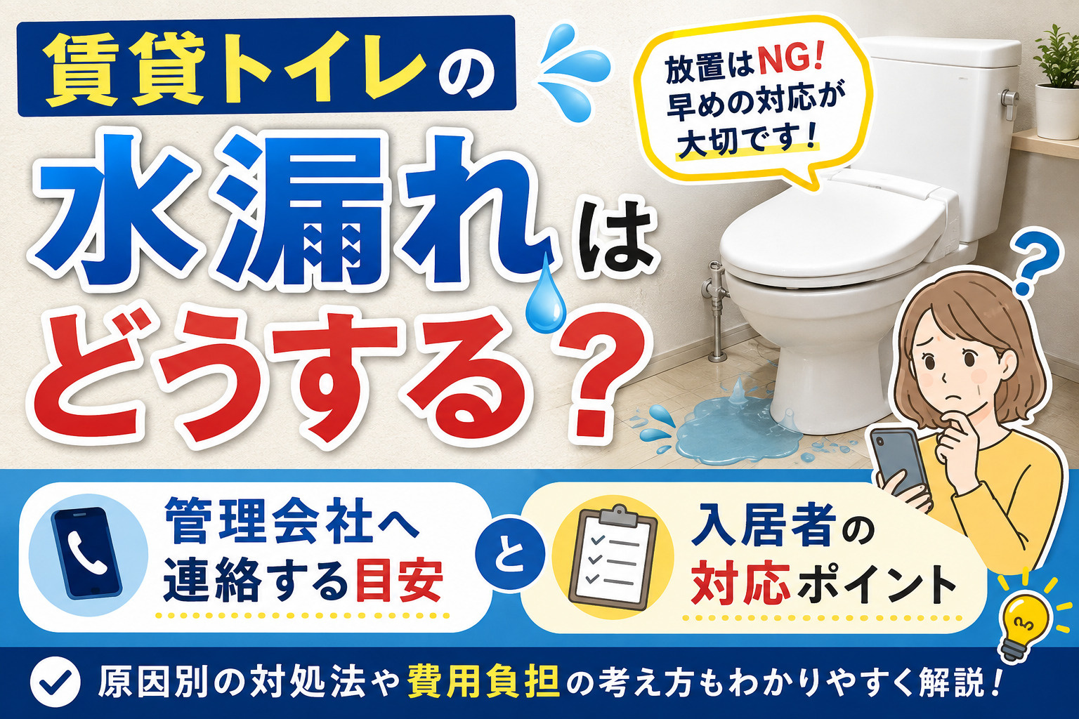 賃貸トイレの水漏れはどうする？管理会社へ連絡する目安と入居者...の画像