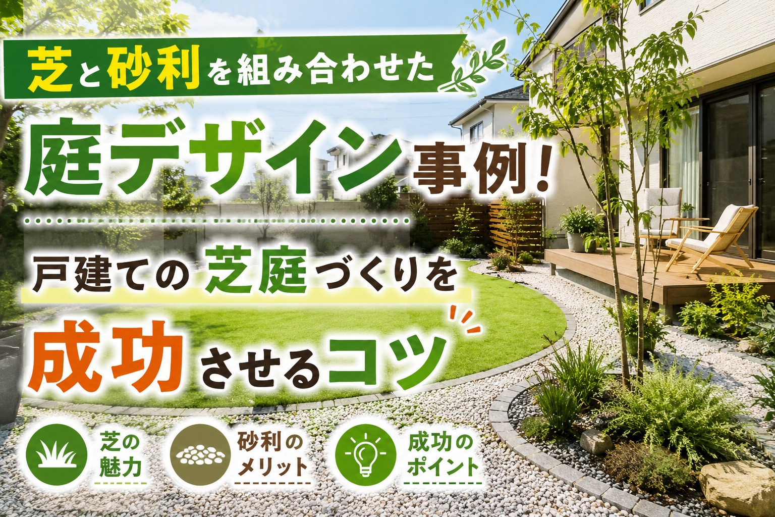 芝と砂利を組み合わせた庭デザイン事例！戸建ての芝庭づくりを成...の画像