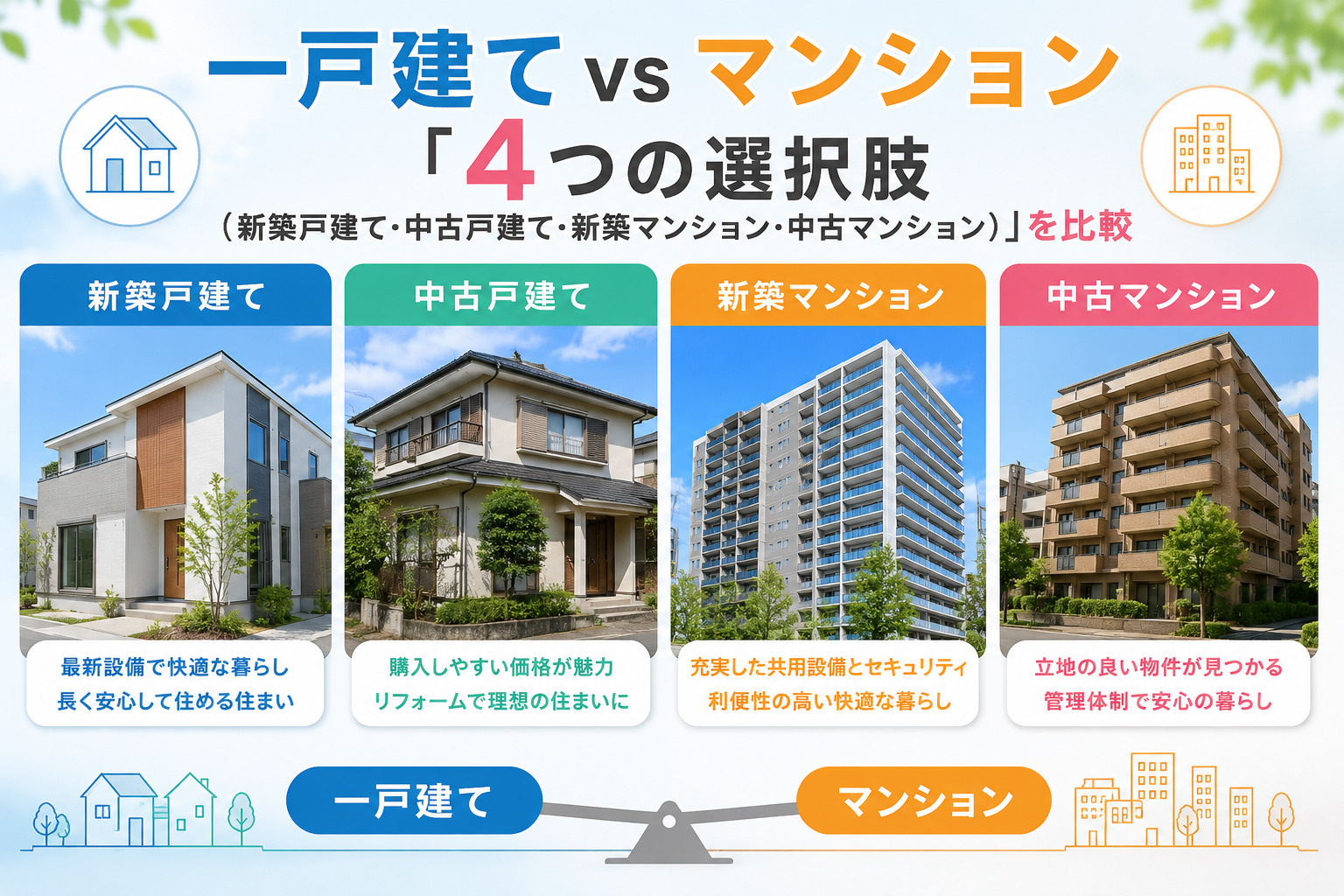 一戸建て vs マンション『4つの選択肢（新築戸建て・中古戸...の画像