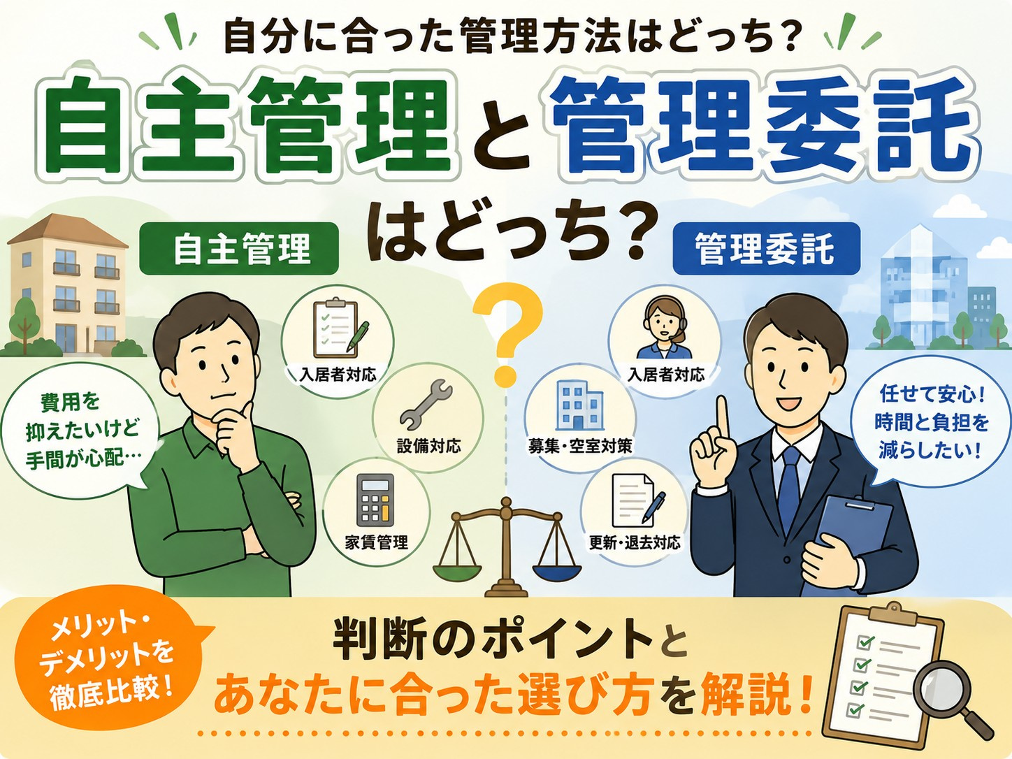 自主管理と管理委託はどっち？メリット・デメリットと判断基準の画像