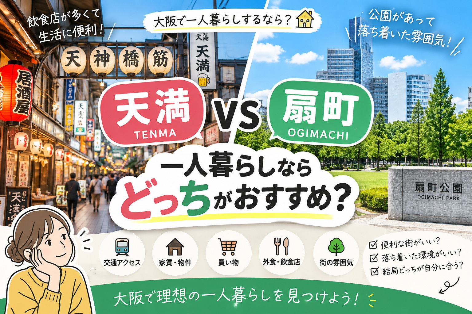 天満と扇町、一人暮らしならどっち？家賃・住みやすさ・アクセス...の画像
