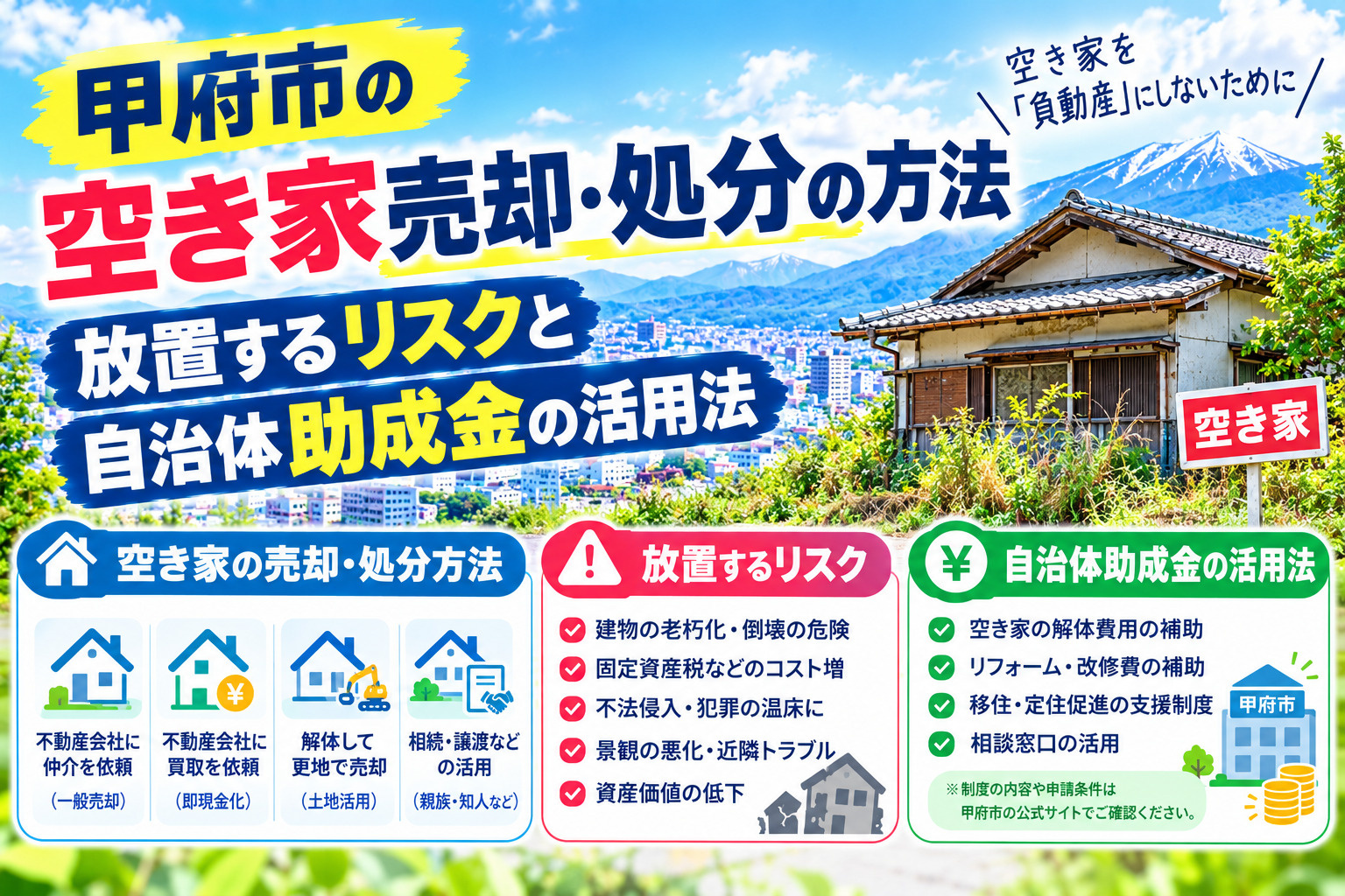 甲府市の空き家売却・処分の方法｜放置するリスクと自治体助成金...の画像