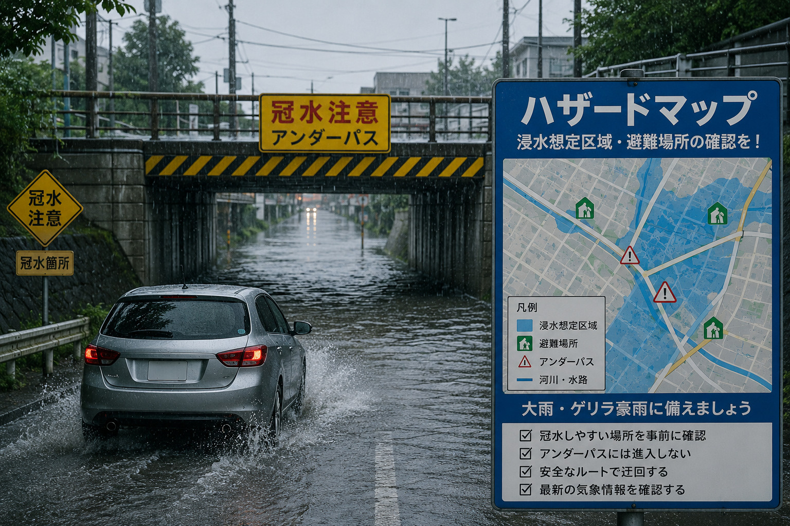 走行中に突然のゲリラ豪雨！冠水・アンダーパスから身を守る対処...の画像