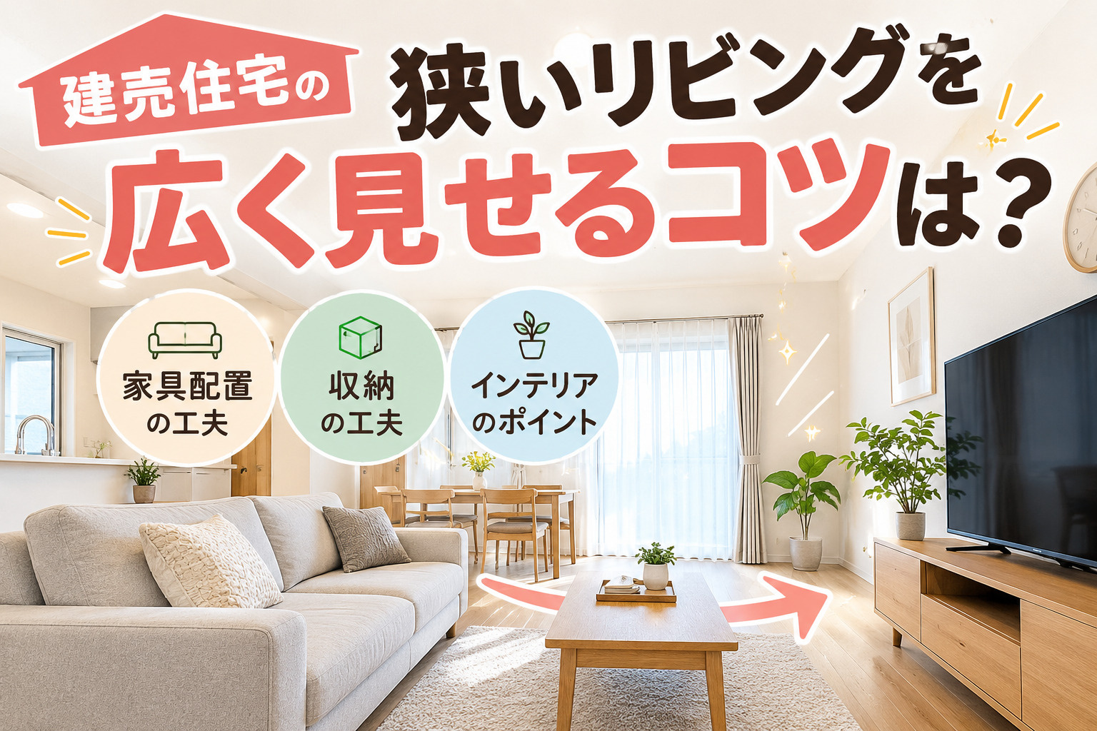 建売住宅の狭いリビングを広く見せるコツは？家具配置収納の工夫...の画像