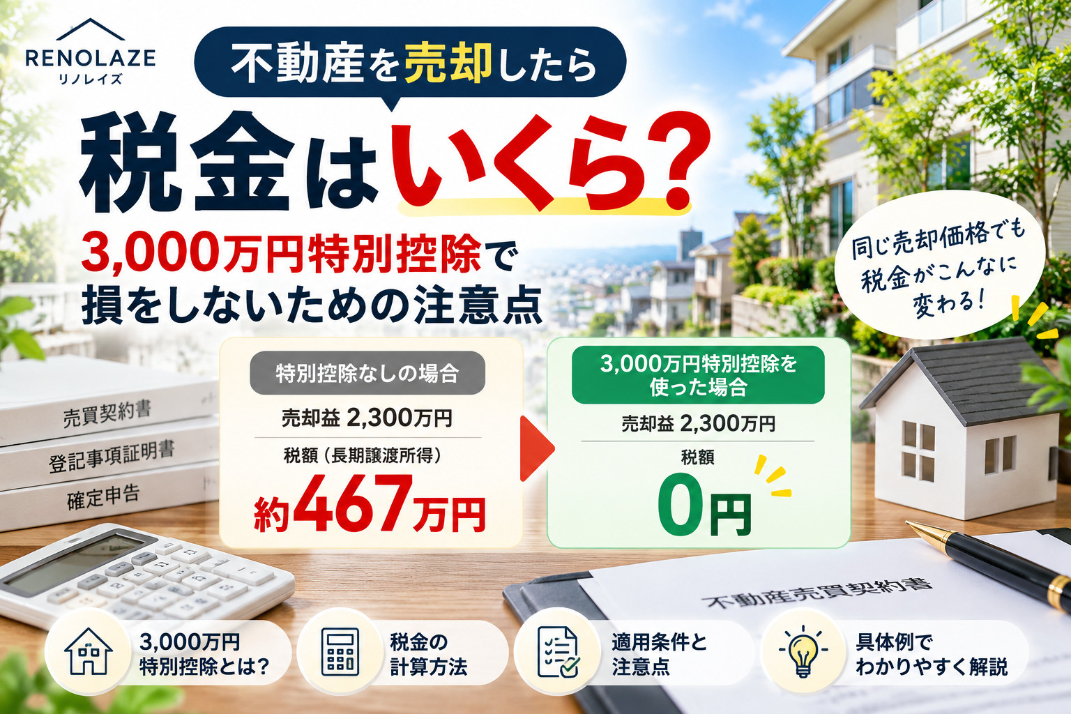 不動産を売却したら税金はいくら？3,000万円特別控除で損を...の画像